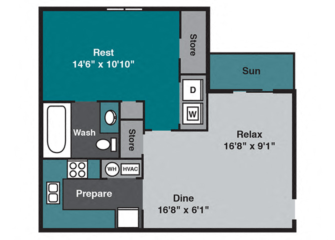 Floor plan for 1 bed, 1 bath, 650 sqft